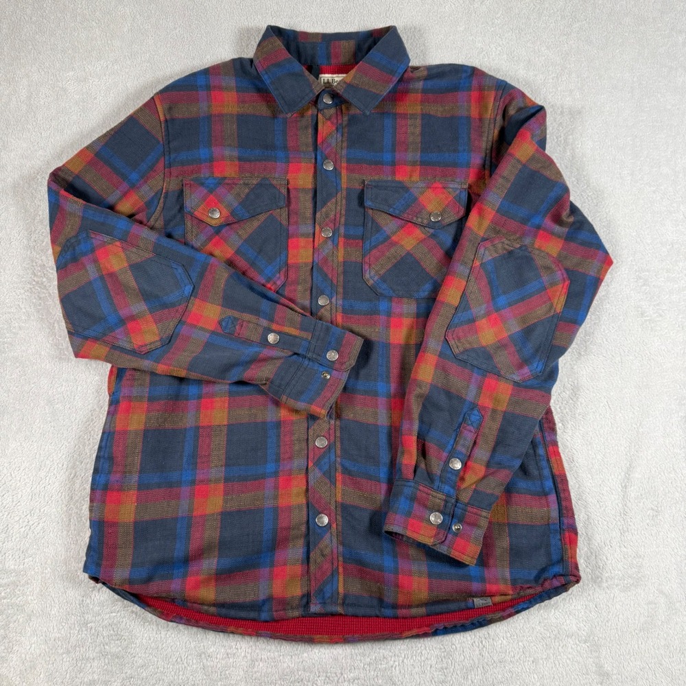 LL Bean Shirt Jacket Mens Medium Blue Red Plaid Waffle Lined 505629